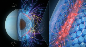 Uranüs gezegeninin kaotik manyetik alan çizgilerini gösteren kesit (sol) ve bu manyetik alanı oluşturan süperiyonik suyun kristal kafes yapısındaki proton akışı (sağ).