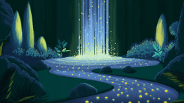 Bir şelaleden dökülen ve bir nehir yatağında parlayan noktalar halinde akan elektron hidrodinamiği illüstrasyonu.