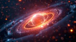 Parlak turuncu çekirdeğin etrafında enerji halkalarıyla gösterilen atomik model illüstrasyonu, protonun boyutu kavramını ve parçacığın kuantum ölçekteki yapısını sembolik olarak temsil ediyor