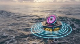 Okyanus dalgaları üzerinde yüzen, şeffaf fanus içinde neon ışıklı dönen bir jiroskop içeren dalga enerjisi dönüştürücü cihazı.