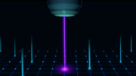 MIT fizikçilerinin geliştirdiği discrete grid imaging technique (DIGIT) ile kristal kafes içindeki kuantum yayıcıların atomik hassasiyetle konumlandırılabildiğini gösteren sanatsal yorum. Grid şeklindeki yapı üzerinde parlak noktalar, kuantum emitter'ların lattice noktalarına eşlendiğini temsil ediyor.