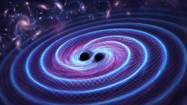 Derin uzayda birbirinin etrafında sarmallar çizerek dönen iki kara deliğin, uzay-zaman dokusunda yarattığı mavi ve mor renkli kütleçekimsel dalgaların ızgara şeklinde görselleştirilmesi.