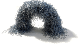 Birbirine kenetlenen zımba benzeri parçacıkların oluşturduğu granüler yapı, malzeme bilimi bağlamında yüksek dayanıklılık ve esneklik gösteren entangled materials örneği