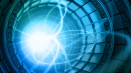 CERN Büyük Hadron Çarpıştırıcısı içindeki parçacık çarpışmasını ve yayılan enerji izlerini gösteren soyut fizik görseli.